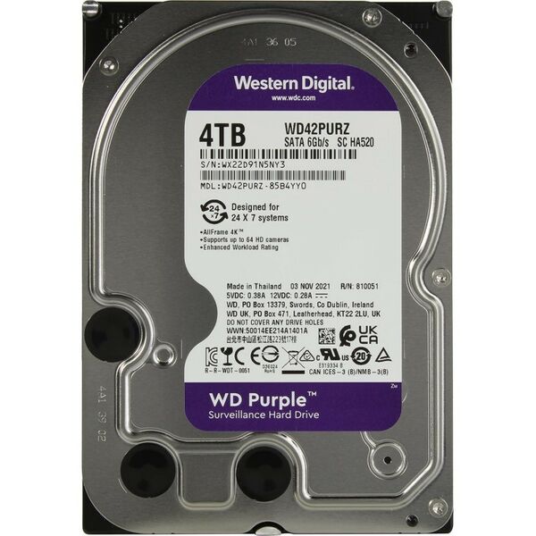 Купить Жёсткий диск Western Digital 4 Tb Purple SATA 6Gb/s 3.5" 5400rpm 256Mb [WD42PURZ] в Иркутске в компании Зеон