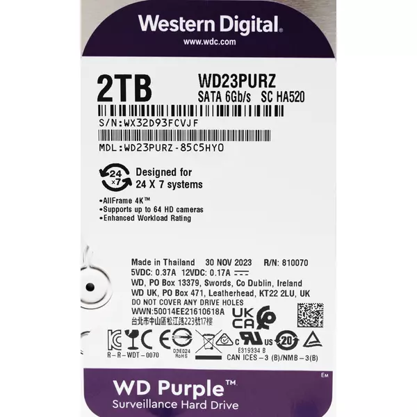 Купить Жесткий диск Western Digital 2Tb Surveillance Purple SATA-III 5400rpm 64Mb 3.5" [WD23PURZ], картинка № 2 в Иркутске в компании Зеон