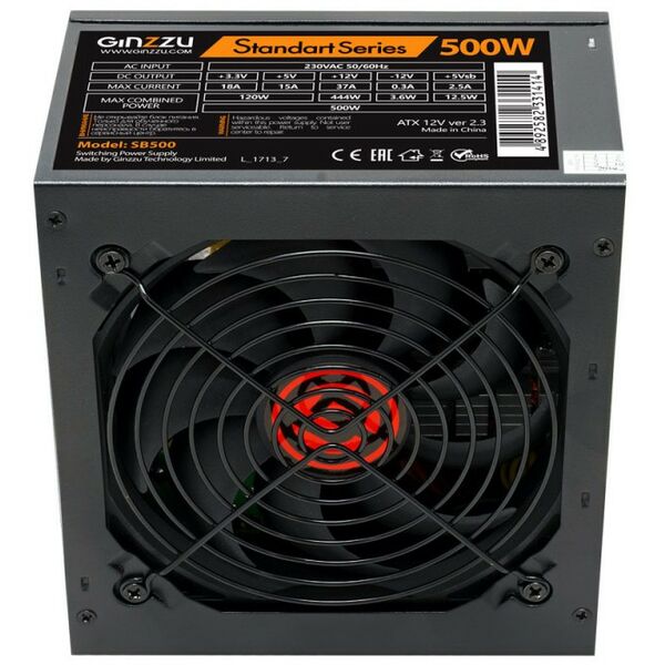 Блоки питания: Блок питания Ginzzu SB500 ATX 500W, 120mm, 24+4pin, 3xSATA, 3xMolex, Black OEM фотографии